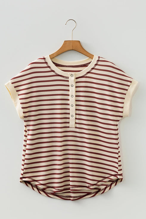 Striped Short Sleeve Half Button Placket Knit Top