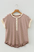Striped Short Sleeve Half Button Placket Knit Top