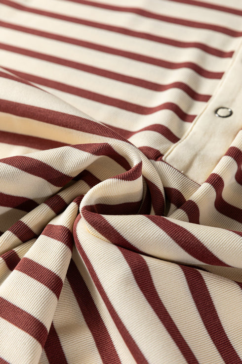 Striped Short Sleeve Half Button Placket Knit Top
