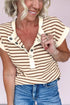 Striped Short Sleeve Half Button Placket Knit Top