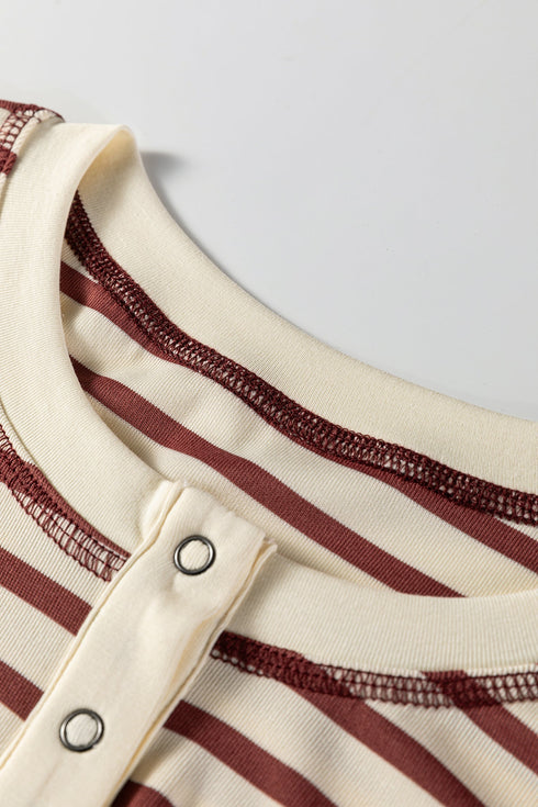 Striped Short Sleeve Half Button Placket Knit Top