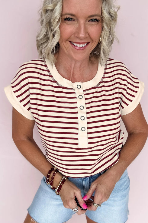 Striped Short Sleeve Half Button Placket Knit Top