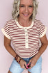 Striped Short Sleeve Half Button Placket Knit Top