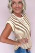 Striped Short Sleeve Half Button Placket Knit Top