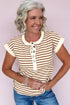 Striped Short Sleeve Half Button Placket Knit Top