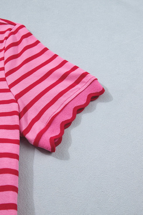 Striped Short Sleeve Scalloped Trim Side Slit T Shirt Dress