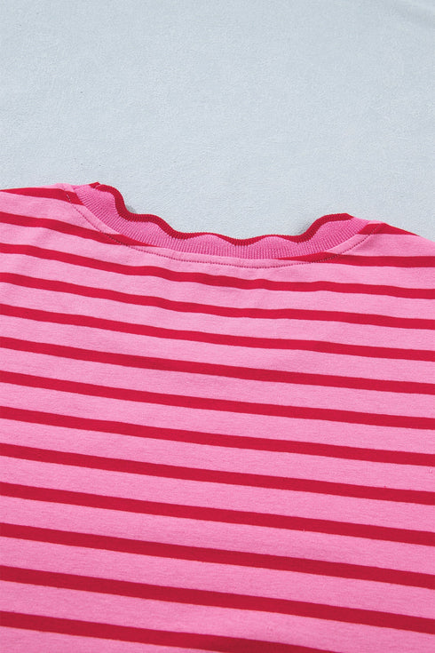 Striped Short Sleeve Scalloped Trim Side Slit T Shirt Dress