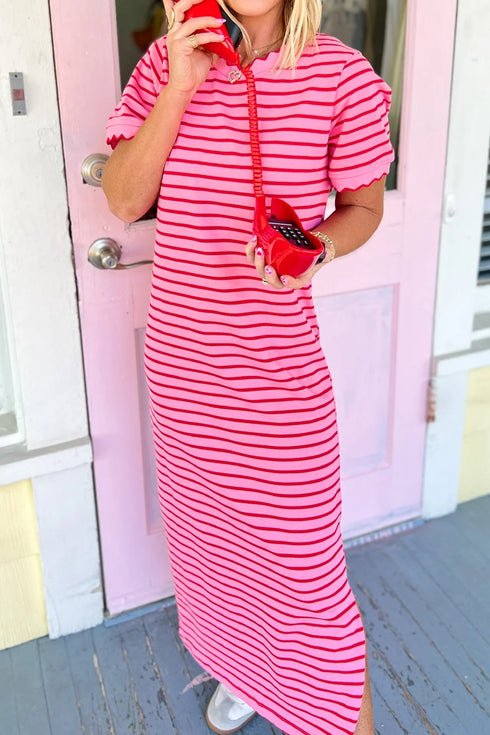 Striped Short Sleeve Scalloped Trim Side Slit T Shirt Dress