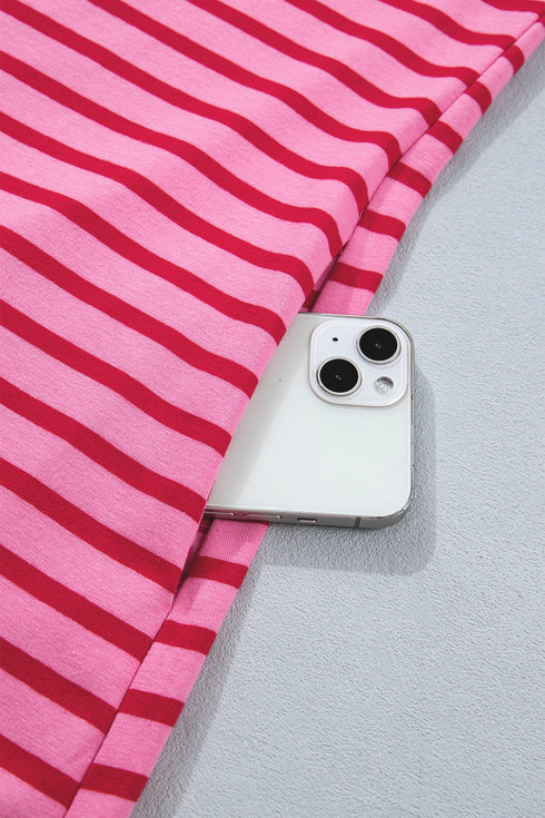 Striped Short Sleeve Scalloped Trim Side Slit T Shirt Dress