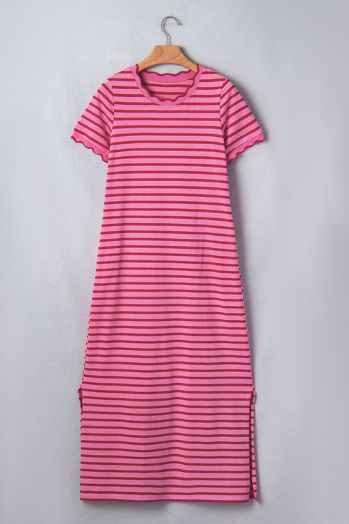 Striped Short Sleeve Scalloped Trim Side Slit T Shirt Dress