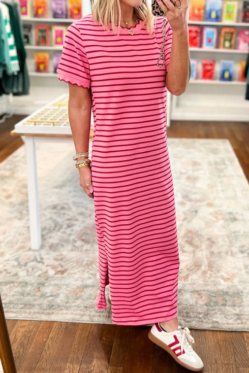 Striped Short Sleeve Scalloped Trim Side Slit T Shirt Dress