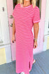 Striped Short Sleeve Scalloped Trim Side Slit T Shirt Dress