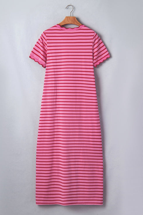 Striped Short Sleeve Scalloped Trim Side Slit T Shirt Dress