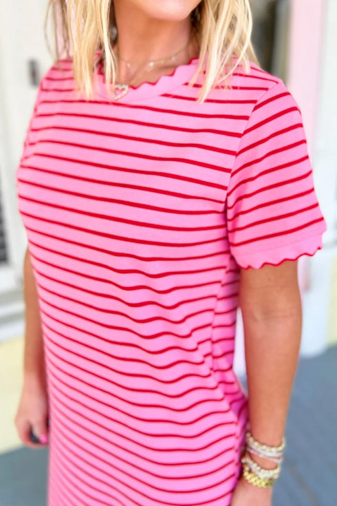Striped Short Sleeve Scalloped Trim Side Slit T Shirt Dress
