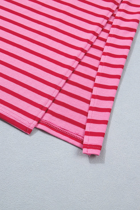 Striped Short Sleeve Scalloped Trim Side Slit T Shirt Dress