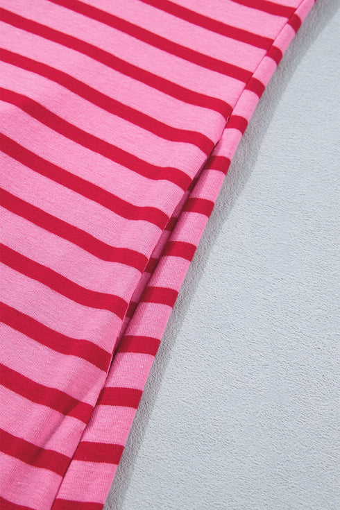 Striped Short Sleeve Scalloped Trim Side Slit T Shirt Dress