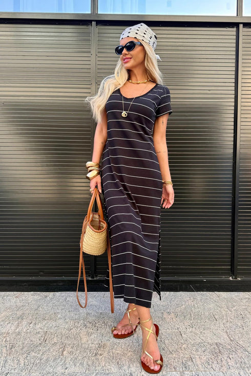 Striped Short Sleeve Side Slit Maxi T Shirt Dress