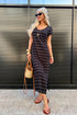 Striped Short Sleeve Side Slit Maxi T Shirt Dress