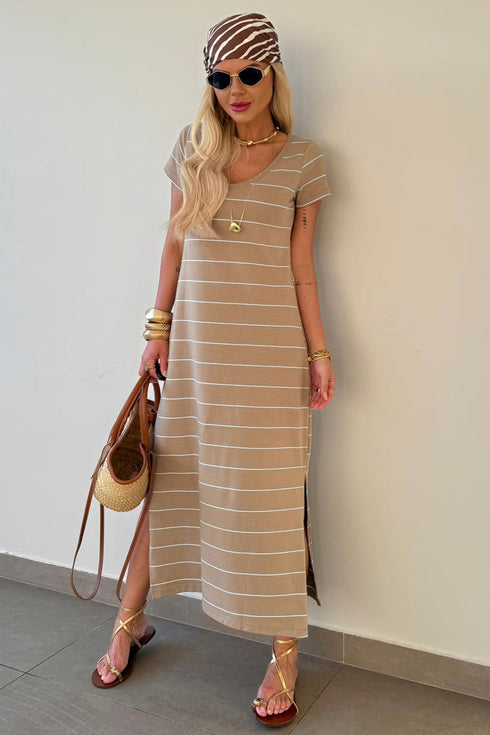 Striped Short Sleeve Side Slit Maxi T Shirt Dress