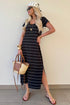 Striped Short Sleeve Side Slit Maxi T Shirt Dress