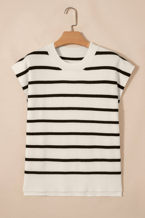 Striped Side Slit Crewneck Knit Short Sleeve Sweater