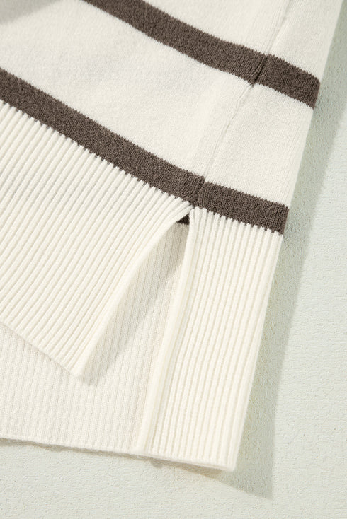 Striped Side Slit Crewneck Knit Short Sleeve Sweater
