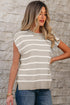 Striped Side Slit Crewneck Knit Short Sleeve Sweater