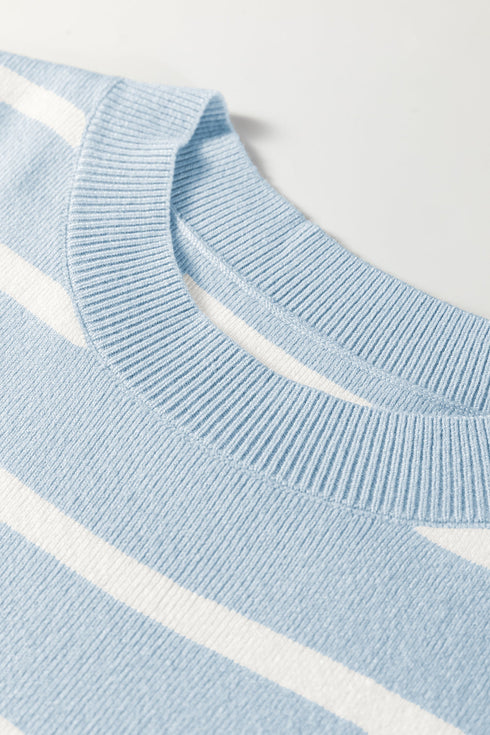 Striped Side Slit Crewneck Knit Short Sleeve Sweater