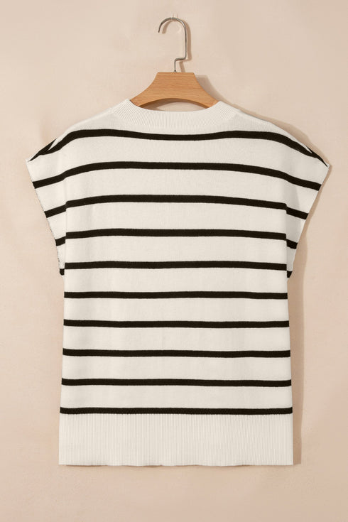 Striped Side Slit Crewneck Knit Short Sleeve Sweater
