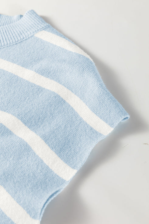 Striped Side Slit Crewneck Knit Short Sleeve Sweater
