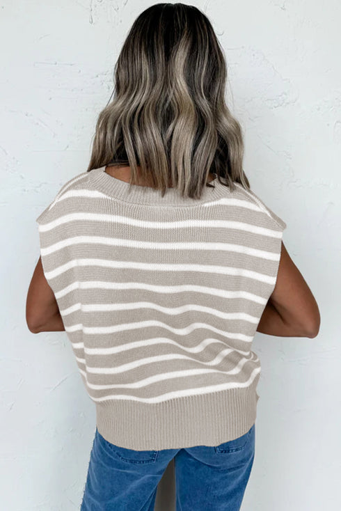 Striped Side Slit Crewneck Knit Short Sleeve Sweater