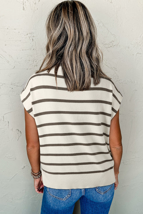 Striped Side Slit Crewneck Knit Short Sleeve Sweater