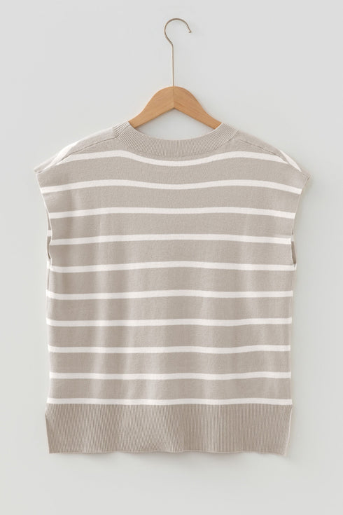 Striped Side Slit Crewneck Knit Short Sleeve Sweater