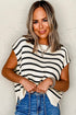 Striped Side Slit Crewneck Knit Short Sleeve Sweater