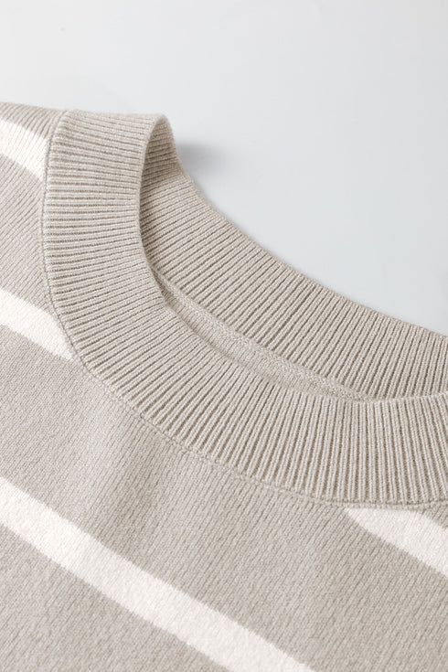 Striped Side Slit Crewneck Knit Short Sleeve Sweater