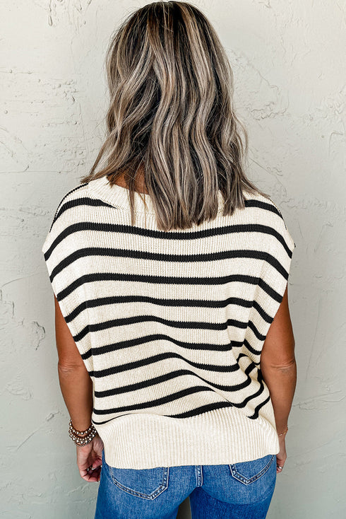 Striped Side Slit Crewneck Knit Short Sleeve Sweater