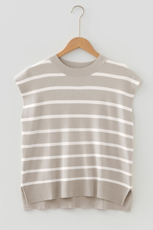 Striped Side Slit Crewneck Knit Short Sleeve Sweater