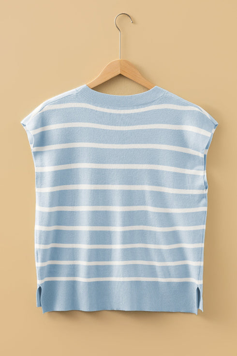 Striped Side Slit Crewneck Knit Short Sleeve Sweater