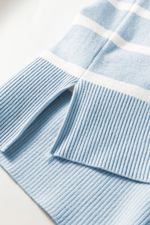 Striped Side Slit Crewneck Knit Short Sleeve Sweater