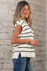 Striped Side Slit Crewneck Knit Short Sleeve Sweater