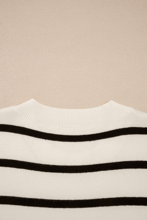 Striped Side Slit Crewneck Knit Short Sleeve Sweater