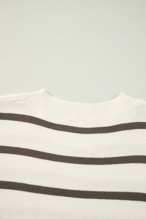 Striped Side Slit Crewneck Knit Short Sleeve Sweater