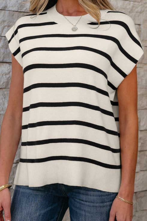 Striped Side Slit Crewneck Knit Short Sleeve Sweater