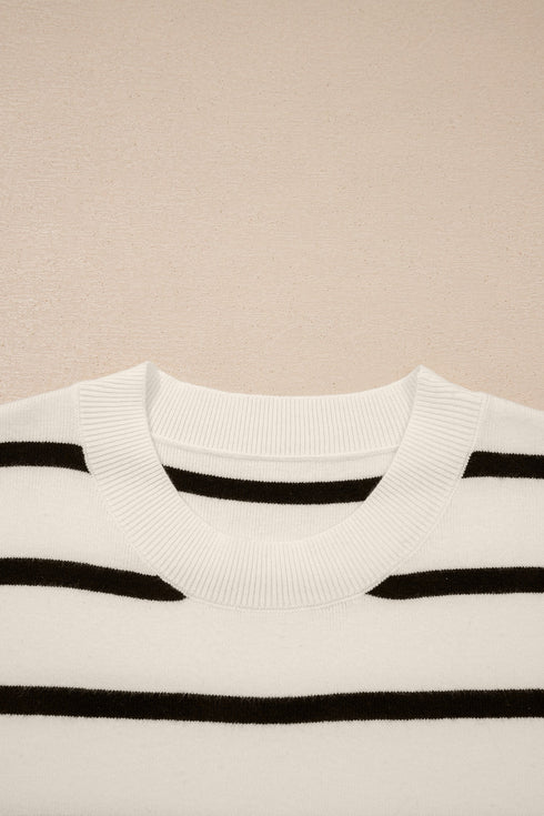 Striped Side Slit Crewneck Knit Short Sleeve Sweater