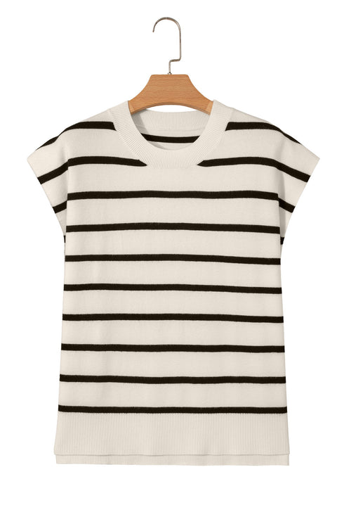 Striped Side Slit Crewneck Knit Short Sleeve Sweater