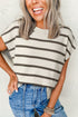 Striped Side Slit Crewneck Knit Short Sleeve Sweater