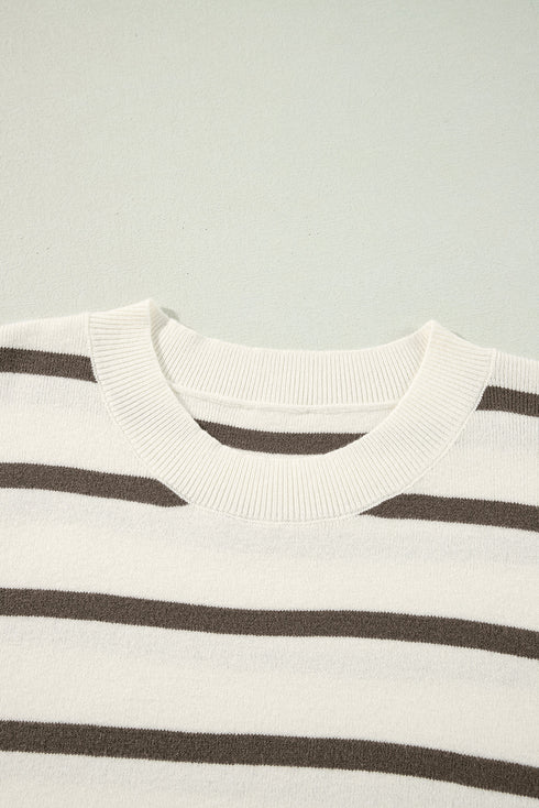 Striped Side Slit Crewneck Knit Short Sleeve Sweater