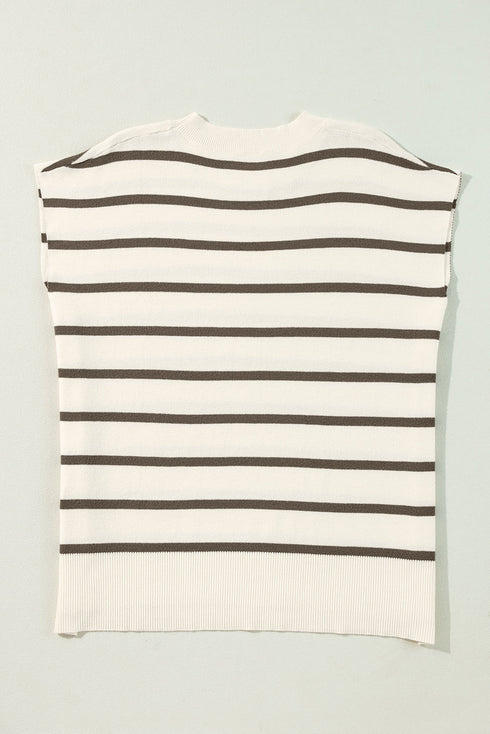 Striped Side Slit Crewneck Knit Short Sleeve Sweater