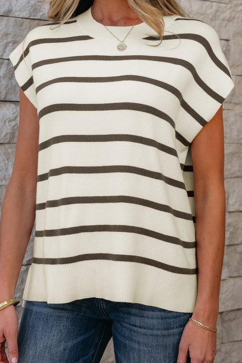 Striped Side Slit Crewneck Knit Short Sleeve Sweater