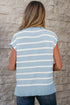 Striped Side Slit Crewneck Knit Short Sleeve Sweater